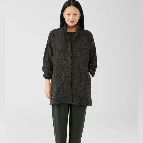 Organic Cotton Terry Stand Collar Jacket | EILEEN FISHER olive green size small - Picture 1 of 10
